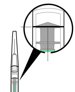 Technical diagram showing a magnified detail of the upper part of a syringe with a gray internal component and a green base