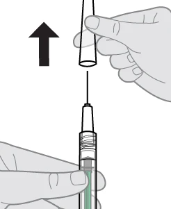 A hand vertically lifting the protective cap from a syringe needle with a black arrow pointing upward