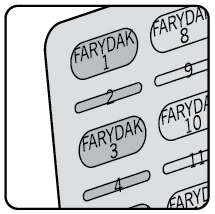 Dettaglio di un blister di compresse Farydak con numeri progressivi da 1 a 11 stampati su ogni singola pillola grigia