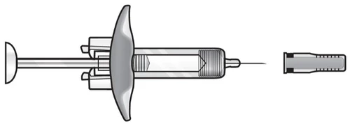 Technical drawing of a syringe with plunger, cylindrical barrel, winged protective shield, and a separate needle covered by a protective cap