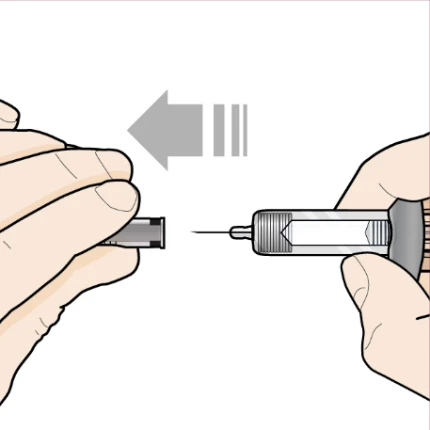 Two hands connecting a needle to a syringe barrel with a gray arrow indicating leftward insertion movement