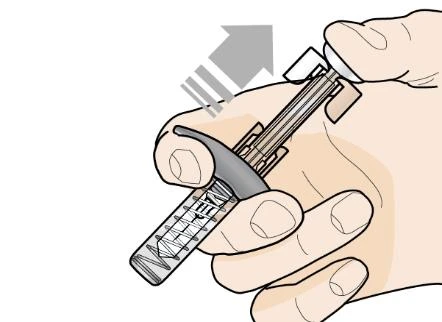 Two hands holding a medical injection pen with a gray arrow indicating downward pressure movement