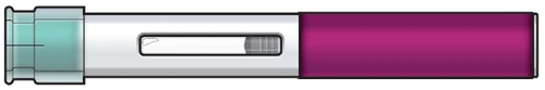 Horizontal injection pen with white body, central transparent window showing liquid, and deep purple rear end