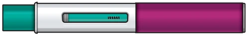 Horizontal auto-injector with white body, central window showing green liquid, left end green, right end purple