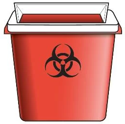 Red container for biological waste with white lid and black biohazard symbol centered