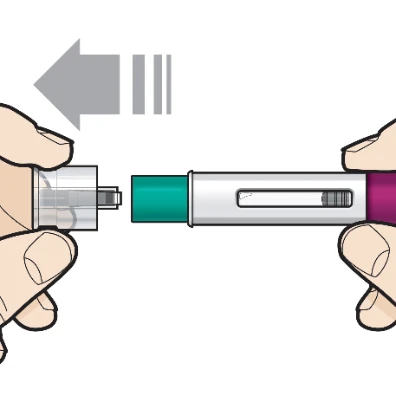 Two hands holding an injection pen while a gray arrow indicates the movement of inserting a transparent cap onto the pen body