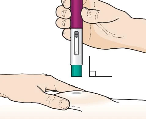 A hand holding vertically an injection pen above an arm's skin, ready to inject into the area marked by a gray circle