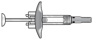 Technical drawing of a single-use syringe with plunger on the left, transparent cylindrical barrel, and a tip with connector on the right