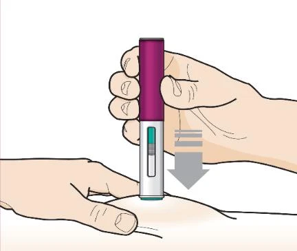 A hand holding a purple and white injection pen while administering the dose