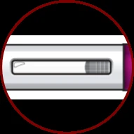 Detail of a white cylindrical medical device with a rectangular transparent window showing an internal indicator and a purple border