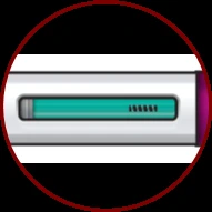 Detail of an injection pen showing a green dose indicator and measurement markings on a white background