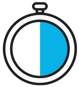 Stylized icon of a circular stopwatch with black border, interior vertically divided between white and light blue, with an upper button