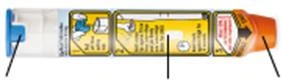 Horizontal detail of a medical device with yellow labels and graphical and written instructions on a white and orange background