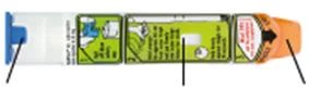 Horizontal view of a pen-shaped medical device with a white body, green instruction labels, and an orange cap on the right