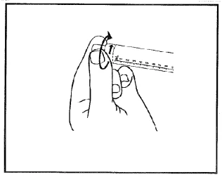 Black and white drawing of a hand rotating a syringe or medical device indicated by a curved black arrow