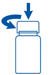 Blue diagram showing a vertical downward arrow and a curved arrow indicating the rotation of the cap of a medical vial