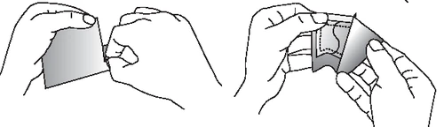 Two illustrations show hands firmly grasping and tearing open a medicinal packet to open it correctly