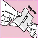 Two hands grasping and bending a small paper envelope or sachet to open it with a twisting motion indicated by black arrows