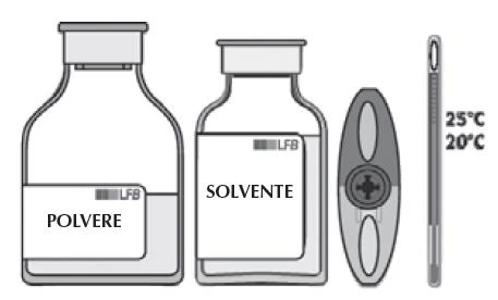 Diagramma con flacone di polvere, flacone di solvente, un tappo e una siringa accanto a un indicatore di temperatura tra 20 e 25 gradi Celsius