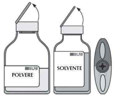 Disegno tecnico di due flaconi con tappo a scatto, uno contenente polvere e l'altro solvente, accanto a un dispositivo ovale con vite centrale