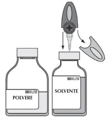 Diagramma che mostra due flaconi medici, uno contenente polvere e l'altro solvente, con una siringa pronta per l'iniezione e un cappuccio rimosso