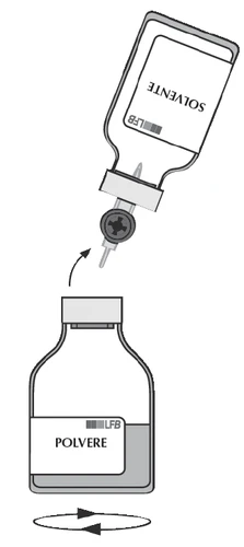 Disegno tecnico che mostra l'apertura di un flacone di solvente e il suo versamento in un flacone contenente polvere con movimento rotatorio