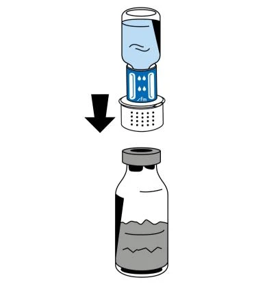 Diagram showing a vial with a blue cap being removed via a black arrow leading to an open vial without a cap