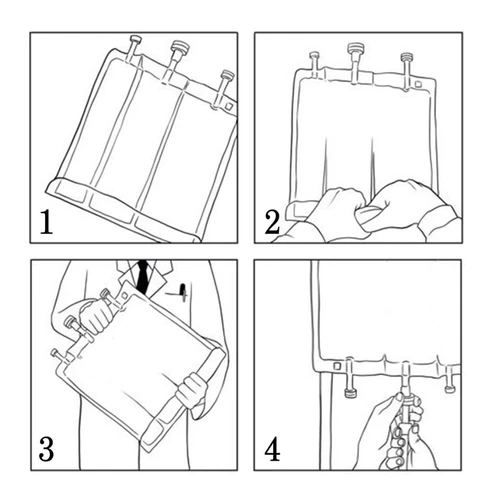 Four sequential drawings showing how to prepare and handle an infusion bag with valves and connectors using the hands