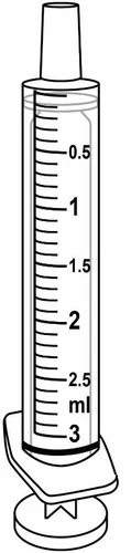 Technical drawing of a graduated syringe with a millimeter scale from 0.5 to 3 ml and black numerical markings on a white background