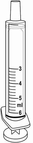 Technical drawing of a graduated syringe with a millimeter scale from 3 to 6 ml and plunger at the base