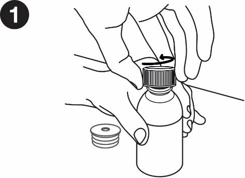 Two hands turning a vial cap clockwise to open it, with a curved arrow indicating the clockwise rotational movement