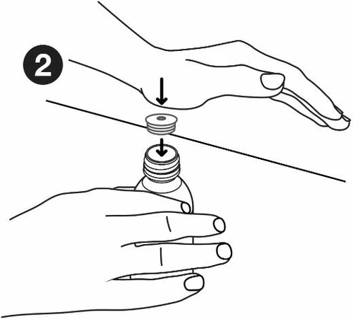 Technical drawing showing a hand pressing a circular cap down onto a medical vial, indicated by black directional arrows