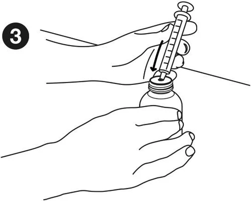Two hands holding a vial while the upper hand inserts a syringe with a needle into it