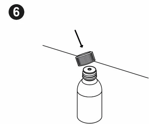 Diagram showing a black arrow indicating a screw cap being removed from the neck of a cylindrical vial, with the number 6 at the top