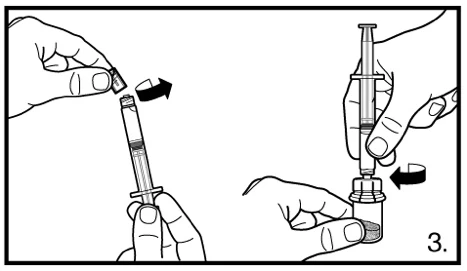 Disegno tecnico che mostra due mani che ruotano una copertura su una siringa per agganciarla e una seconda mano che la inserisce in un flaconcino
