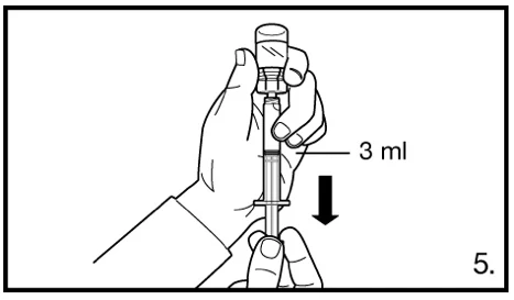 Due mani tengono una siringa con un indicatore di 3 ml e una freccia nera rivolta verso il basso che indica il movimento del pistone verso il basso