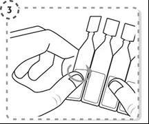 Black and white drawing showing two hands rotating three medicine vials with a curved arrow indicating rotational movement