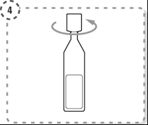 Schematic diagram of a vial with a curved arrow indicating clockwise rotation of the cap on a white background