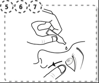 Line drawing showing a hand applying a drop of liquid onto the top of the nose of a face with numbers 5, 6, and 7 at the top