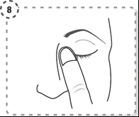 Black and white drawing of a finger gently pressing the closed eyelid of an eye with the number 8 in a dashed circle at the top left