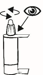 Schematic drawing showing a vial with a cap to be rotated and an eye indicating the application direction via an arrow