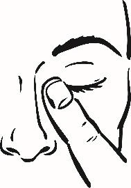 Black and white drawing of a hand gently pressing the closed eyelid of a face to apply an ophthalmic medication