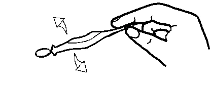 Disegno a tratto di una mano che tiene un dispositivo medico allungato con due frecce curve che indicano un movimento di rotazione o oscillazione
