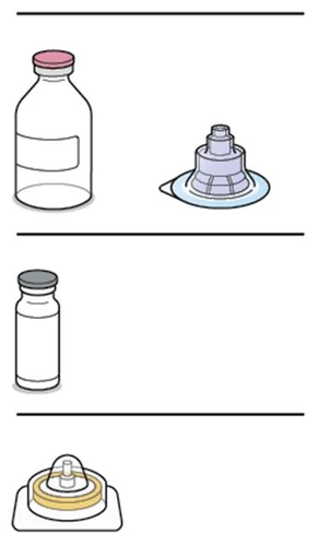 Illustrazione medica di un flacone di vetro con tappo rosso, un cappuccio di plastica blu, un flacone con tappo grigio e un dispositivo di dosaggio giallo
