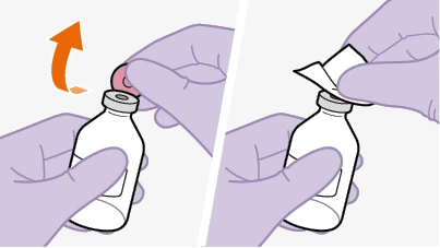 Due mani che rimuovono il tappo di un flaconcino bianco, con una freccia arancione che indica il movimento verso l'alto per l'apertura