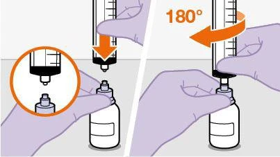 Diagramma che mostra come ruotare la siringa di 180 gradi per inserire l'ago nel flacone di farmaco tramite una mano che impugna entrambi gli oggetti