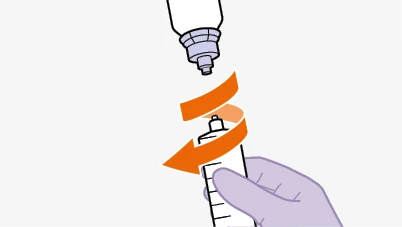 Illustrazione di una mano che tiene una penna iniettiva mentre una freccia arancione curva indica il movimento di rotazione verso destra