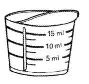 Disegno in bianco e nero di un misurino graduato con tacche per 5 ml, 10 ml e 15 ml per la misurazione di liquidi