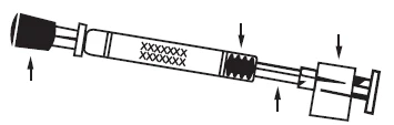 Technical drawing of a cylindrical medical device with black arrows indicating directions of pressure and movement for the