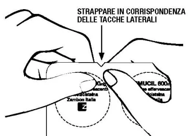 Two hands grasping and tearing a Mucil 600mg sachet at the side notches indicated by a downward-pointing black arrow